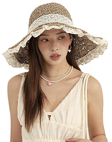TINAYAUE Femme Capeline Chapeau de Paille Chapeau de Soleil à Large Bord Anti-UV Chapeau de Plage Pliable Cap avec n½UD Papillon Casquettes d'Eté 56-58CM