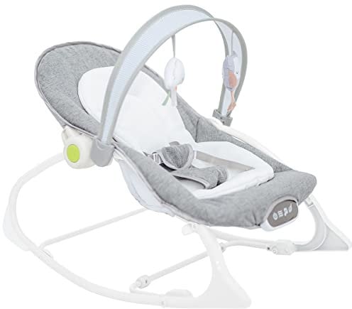 Olmitos - Hamaca bebé Mecedora Multifunción desde nacimiento – Columpio con Modo Fijo o Balancín, Vibración Relajante, Música y Barra de Juegos – Hasta 18 kg (Gris)