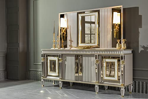JV Möbel Esszimmer Set Weiß Anrichte Spiegel Elegantes Design Metall Luxus Neu 2tlg.