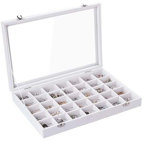 Frebeauty Bandeja de joyas 35 casillas caja de almacenamiento de joyas de terciopelo, caja de exhibición de collar de pulsera femenina con cajón de joyas con tapa transparente (35 casillas blancas)