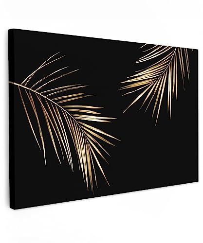 MuchoWow© Impression sur Toile Peinture 120x80 cm Tableau Mural Decoration Salon Reproductions de Tableaux Murale Moderne Feuilles - Plantes - Or - Noir - Luxe