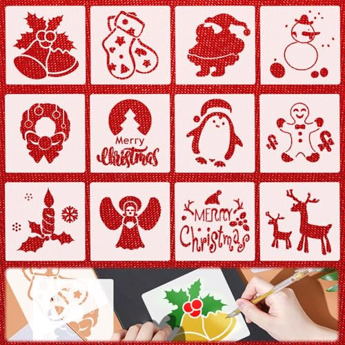 SPERMUOY Weihnachten Schablonen für Kinder, 12 Stück Wiederverwendbare Zeichenschablonen für DIY Weihnachtsdekoration