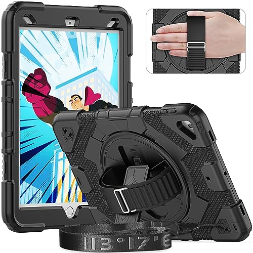 timecity Hülle für iPad 9./8./7. Generation 10,2 Zoll 2021, Stoßfest Robust mit Displayschutz Stifthalter 360°-drehbarer-Ständer Handschlaufe Schultergurt Tablet Hülle ipad 9.Generation-Schwarz