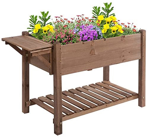 Outsunny Letto per Orto Rialzato in Legno, Fioriera Rialzata con Ripiano Pieghevole e Mensola Inferiore, 123x54x80cm, Marrone