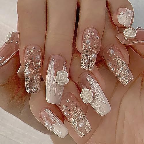 Lot de 24 faux ongles courts à coller Motif roses en forme de cercueil