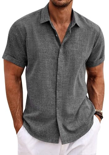 COOFANDY Summer Shirts Men Linen Short Sleeve Button Down Casual Beach Holiday Shirt Dark Gray XL