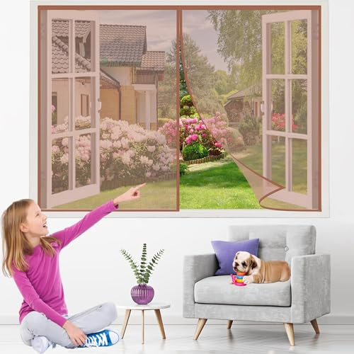Zanzariera Magnetica per Finestra Marrone 115x100cm Chiusura Automatica Tenda Anti Zanzare Insetti-Prevent flying into foreign objects-per porte da balcone cantine terrazze