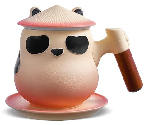 ZENS Novelty Panda Tea Strainer Cup with Saucer, 11oz Adorable Tea Infuser Mug with Lid, Wood Handle Ceramic Tea Cup for Loose Tea Steeping,Tea Lovers Gift for Women, Mom, Gradient Burnt orange