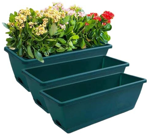 pdodo Blumenkasten 3er Set,Blumenkasten Balkon Rechteckig mit Untersetzer Perfekt,Pflanzkästen für Fensterbank,Balkon Pflanzkasten schmal Balkonkasten für Innenräume, Blumentöpfe und Kräuter