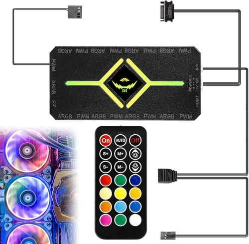ARGB Lüfter Hub, ARGB-PWM-Controller, Lüfter-Hub-Splitter mit Fernbedienung, 5-V-3-polige ARGB-Anschlüsse, Fan Hub mit Einstellbarer Kühlergeschwindigkeit, Lüfteranschlüsse für PC-Kühlung, Schwarz