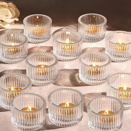 Juego de 12 portavelas de té, portavelas de té de cristal (paquete de 12 unidades), pequeños para bodas, cumpleaños, vacaciones, velas, decoración de fiestas, vasos pequeños, portavelas, decoración de