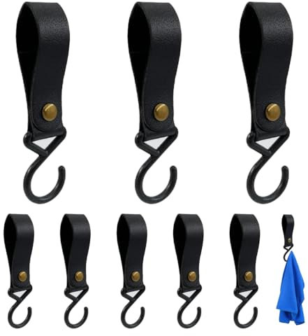 Devantia Haken Zum Einhänge S Haken Mit Lederschlaufe - Haken für Kleiderstange Fensterhaken zum Einhängen Garderobenhaken Hosenhaken für Küche, Schrankaufhängung, Bad Schlafzimmer (8 Stück, Schwarz)
