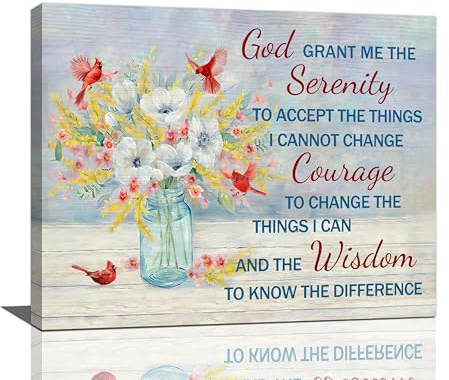 Gelassenheitsgebet, Wandkunst, God Grant Me The Serenity, Leinwanddruck, Bibelvers, Dekor, christliche, religiöse Geschenke, Schrift, florales Kardinalbild, gerahmtes Kunstwerk für Schlafzimmer,
