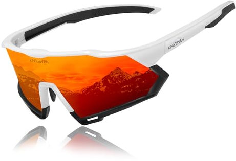 KINGSEVEN Radsportbrillen Polarisierte Sonnenbrille Herren MTB Fahrradbrille Radbrille Sportbrille mit UV400-Schutz zum Autofahren Radfahren (White Black Frame Black Temple-Red Lens)