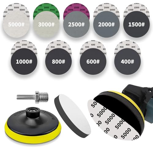 ESTVIIG Schleifscheiben Set 125 mm Klett für Winkelschleifer, 45 Stück Schleifpapier mit Schleifteller Flex Polierpads und Schaft, Winkelschleifer Zubehör für Holz und Metall