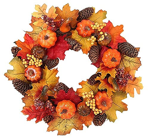 40cm Fall Wreath for Front Door Outside, Pumpkin Wreath with Maple, Acorn, Grain, Artificial Autumn Wreaths for Christmas Decorations Indoor Outdoor Farmhouse (Color D)