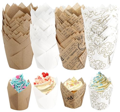 Williyatt Moldes Magdalenas Papel 200 Piezas, Moldes Papel Magdalenas, Tazas Papel de Pastel Tulipán, Papel para Magdalenas, para Hornear y Decorar, para Bodas, Fiestas,Navidad y Cumpleaños Infantiles