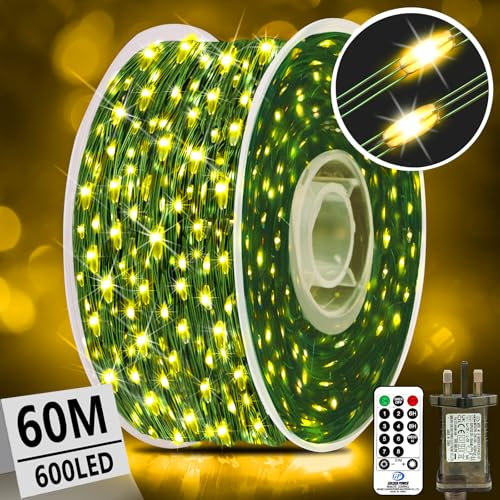 XURISEN 60M 600LED Outdoor Fairy Lights Plug in Christmas Tree Lights Green Copper Wire String Lights Waterproof 8 Modes with Remote Memory for Garden Yard Party Wedding Xmas Decoration- Warm White