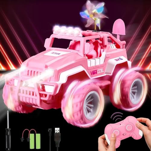 FORMIZON Rose RC Télécommandée, Rose Voiture Télécommandée Fille, 1/18 Voiture Téléguidée avec LED, Off-Road Auto avec Moulin à Vent, Convient pour 3-12 Enfant, Cadeaux Jouets Idéaux