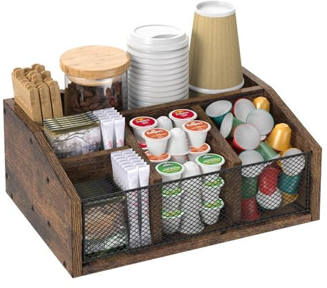 NOVIMANGO Coffee Accessories Storage Box with 4 Compartments, Wooden for Kitchen Organiser, Brown Shelf for Sugar, Syrup, Tea, Milk, Napkins, Cups, Spice Accessories Holder