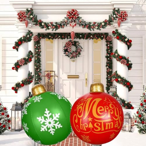 KAHEIGN 2Pcs Giant Inflatable Christmas Balls, 60CM Red Green Blow Up Decoration Ball PVC Inflatable Holiday Ornament for Christmas Indoor Outdoor Home Garden Lawn Yard Porch Decoration