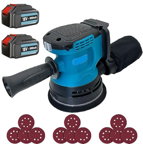 Akku-Exzenterschleifer, 125 mm Exzenterschleifer mit 2x 5500mAh Akkus, Variable Geschwindigkeiten, Ersatz für Makita DBO180Z, 12000 rpm Bürstenlosen Motor, Staubbeutel, für Holz und Stahloberflächen