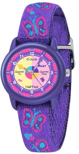 Timever Kinder Armbanduhr Mädchen Jungen mit Elastisches Stoff Armband,analoge Kinderuhr zum Lernen,Schmetterling Dinosaurier Floralen Motiven PurpleButterfly