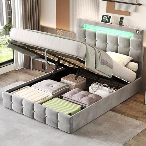 Jtyca Upholstered Double Bed Frame with Storage, Ottoman Bed with Adjustable Headboard and Hydraulic, Velvet Double Bed Frame with Charging-Station and LED-Light, Grey, 4FT6-135x190cm, (No Mattress)