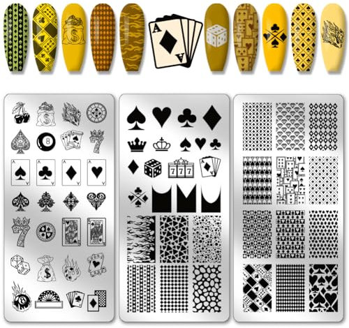 PH PandaHall 3pcs Poker Elemente Nagel Stamping Plates, Diamanten Clubs Nail Art Schablonen Texturierte Nail Art Schablone Nagelbild-Platten für Frauen Nageldesign Druck Maniküre Salon