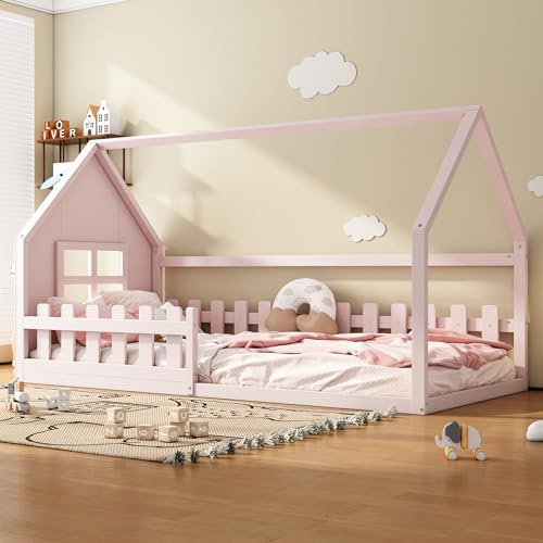 Huayz Letto per bambini 90 x 200 cm, Montessori, letto a pavimento con protezione anti-caduta e rete a doghe, in legno, per ragazzi e ragazze, senza materasso (rosa, 90 x 200 cm)
