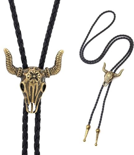 OUDQFCJ Bolo-Krawatte Leder Halloween Krawatte Cowboy Kuh Schädel Western Cowboy Krawatte Halskette Lariat Halskette Schwarz Leder Rodeo Anhänger für Damen und Herren