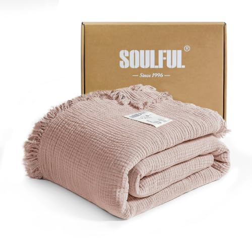 SOULFUL Musselin Decke 127x152 mit Quasten - Champagner Rosa | 4-Lagige Baumwolle Überwurf Kuscheldecke - Leichtes und Atmungsaktives - ÖKO-TEX Zertifiziert Weich Tagesdecke für Couch Sofa