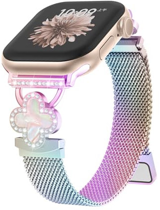 Milanese Magnetic Strap for Apple Watch Straps SE/2 40mm 44mm 42mm 38mm 41mm 46mm 45mm Women,Thin Bling Clover Bracelet Metal Replacement Bands for iWatch Seriers 10 9 8 7 6 5 4 3 Ultra Strap 49mm