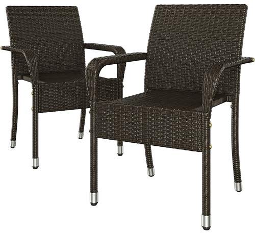 Yaheetech Set of 2 Rattan Stackable Outdoor Garden Chair Lightweight All-Weather w/Armrests for Patio, Backyard, Poolside, Brown
