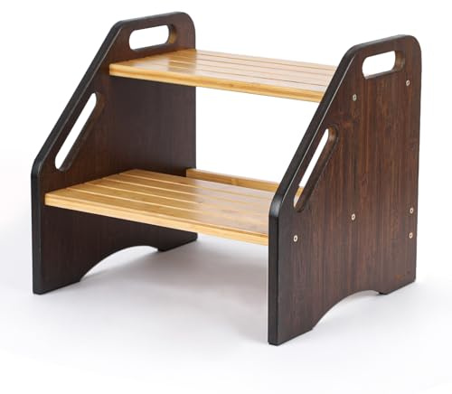 StrongTek Bambus Trittleiter 38cm Breit rutschfest 160 kg Holz | Tragbarer Holzschemel mit seitlichen Griffen – extra breite Sicherheitsstufen für Küche, Badezimmer und Kinder
