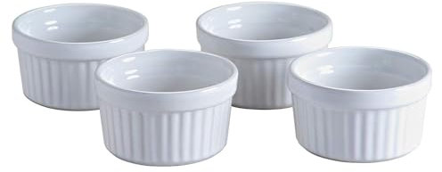 MASS-OON CASH Classic Collection Stoneware Ramekins 9cm Diameter Pack of 4 Oven, Microwave & Dishwasher Safe White Ceramic Pudding & Dessert Dishes