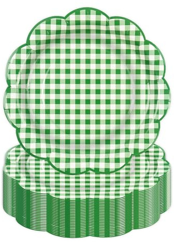 DHAIQC 50Pcs Green Gingham Paper Plates, 7Inch Scalloped Paper Plates Cake Dessert Plate for Birthday Family Dinner Picnic Baby Shower Wedding Party Supplies (Green)