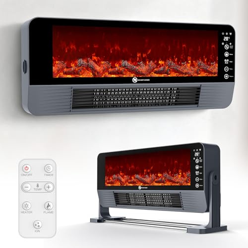 Chauffage D'appoint, Radiateur Electrique Bureau Mural 2 en 1, Réglage de la Température à 3 Vitesses, Écran Tactile LED et Télécommande, Minuterie 12H, Chauffage Rapide de 2000 W, Flamme Simulée