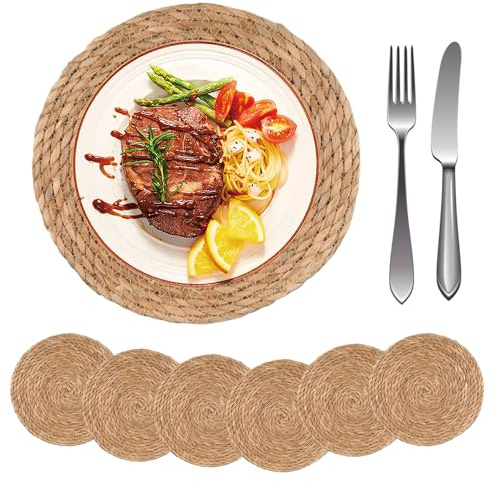 Round Woven Placemats Set of 6/8, 30cm Round Placemat, Natural Rattan PlacematS, Wicker Placemats for Dining, Kitchen Table, Home, Party, Wedding, Restaurant, Gold