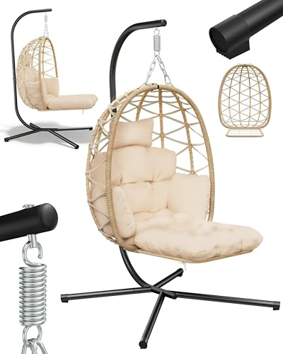 houcheyai Hängesessel mit Gestell Fußstütze, Hängekorb Sessel, Hängestuhl Rattan Outdoor und Indoor, Hängeschaukel, Egg Chair für Garten, Terasse, Kinderzimmer, Leseecke, bis 150kg