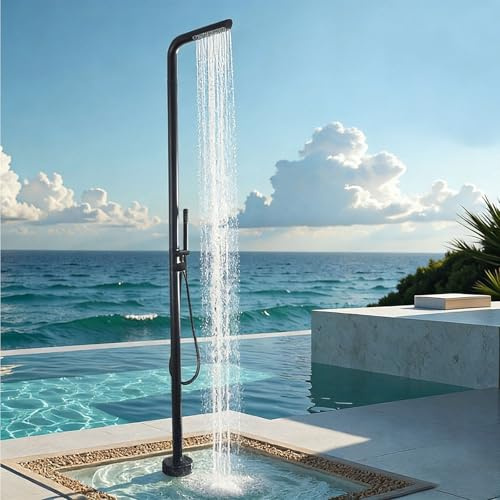 Dexinhdh Freistehende Außendusche Mit Sockel, Edelstahl-Außendusche Mit Kopfbrause Und Handbrause, Für Garten, Terrasse, Strand, Pool(Black)