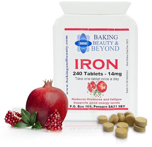 Baking Beauty and Beyond High Strength Iron Tablets 14mg - Ferrous Fumarate Energy Tablets Reduces Tiredness and Fatigue, Popular Vegan Iron Supplements for Women and Men - (240 Tablets)