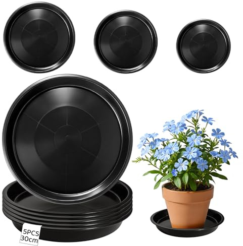 dellyy 5-Teiliges Untersetzer Blumentopf Kunststoff, 30CM Blumentopf Untersetzer, Feuchtigkeitsbeständig und Langlebig, Schwarzer Untertopf Pflanzen, geeignet für Garten, Balkon, Wohnzimmer (30CM-5)