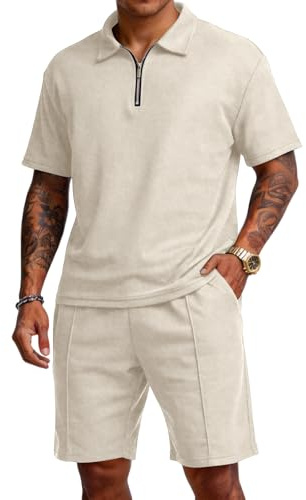 Generisch Breeze Poloshirt Sets Herren Jogginganzug Zweiteiler Sommer,Wearbreeze Leinen T Shirt Jogging Anzug Set, Bequem 2 Teiler Tracksuit Tennis Sport Anzug Urlaub Outfit Slim Fit