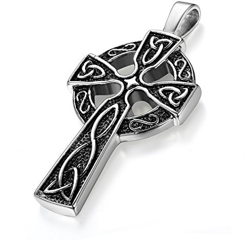 Cupimatch Herren Kreuz Anhänger, Klassisch Edelstahl Große keltisches Kruzifix Irish Knot Kettenanhänger Halskette, schwarz silber