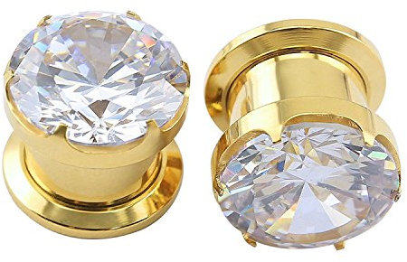 Wunderschöne Große Zirkonia Edelstahl Screw Fit Ohr Tunnel Ohr Expander Stretche Piercing Ear Gauges (Gold,00g(10mm))