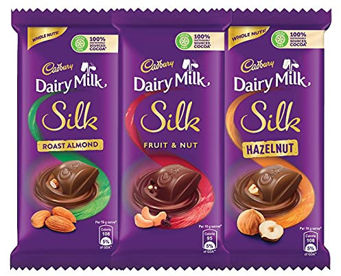 Cadbury Dairy Milk Silk Small Chocolates Combo (2 X Silk Roast Almond With Whole Nuts 58G, 2 X Silk Hazelnut 58G And 2 X Silk Fruit And Nut 55G), 342 Grams
