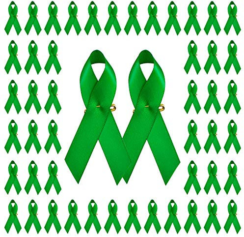 Wandic Lot de 100 broches en forme de rubans en satin avec épingles à nourrice - pour sensibilisation au cancer du foie et à la santé mentale - 7,5 x 4 cm - Vert
