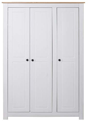 Bulufree 3-türiger Kleiderschrank, 4 Regale und EIN großes Fach mit Einer Hängestange, Kleiderschrank aus massivem Kiefernholz, Schlafzimmermöbel, 118x50x171.5, Weiß