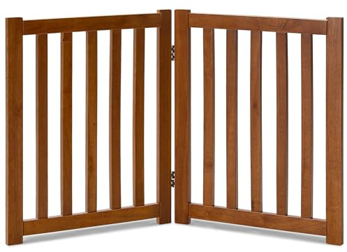 LZRS Wooden Free Standing Dog Gate 40 W x 24 H, Foldable Solid Hardwood Pet Safety Fence for House Doorways, Stairs, Hallways, Step-Over Pet Barrier, No Drill Easy Setup, Brown Oak